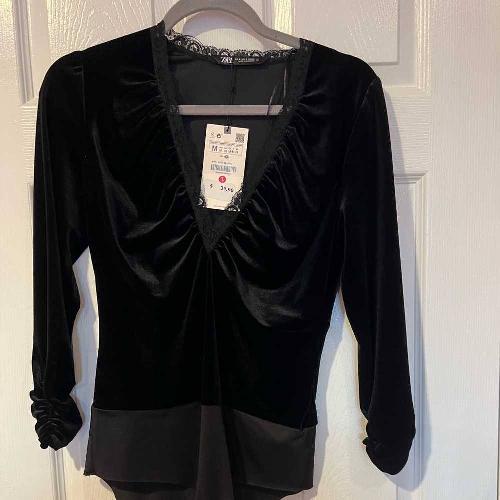 Zara black velvet bodysuit with lace trimming